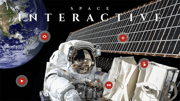 Image de l’espace, ponctuée de puces interactives, et d’un astronaute, d’un satellite et de la planète terre.