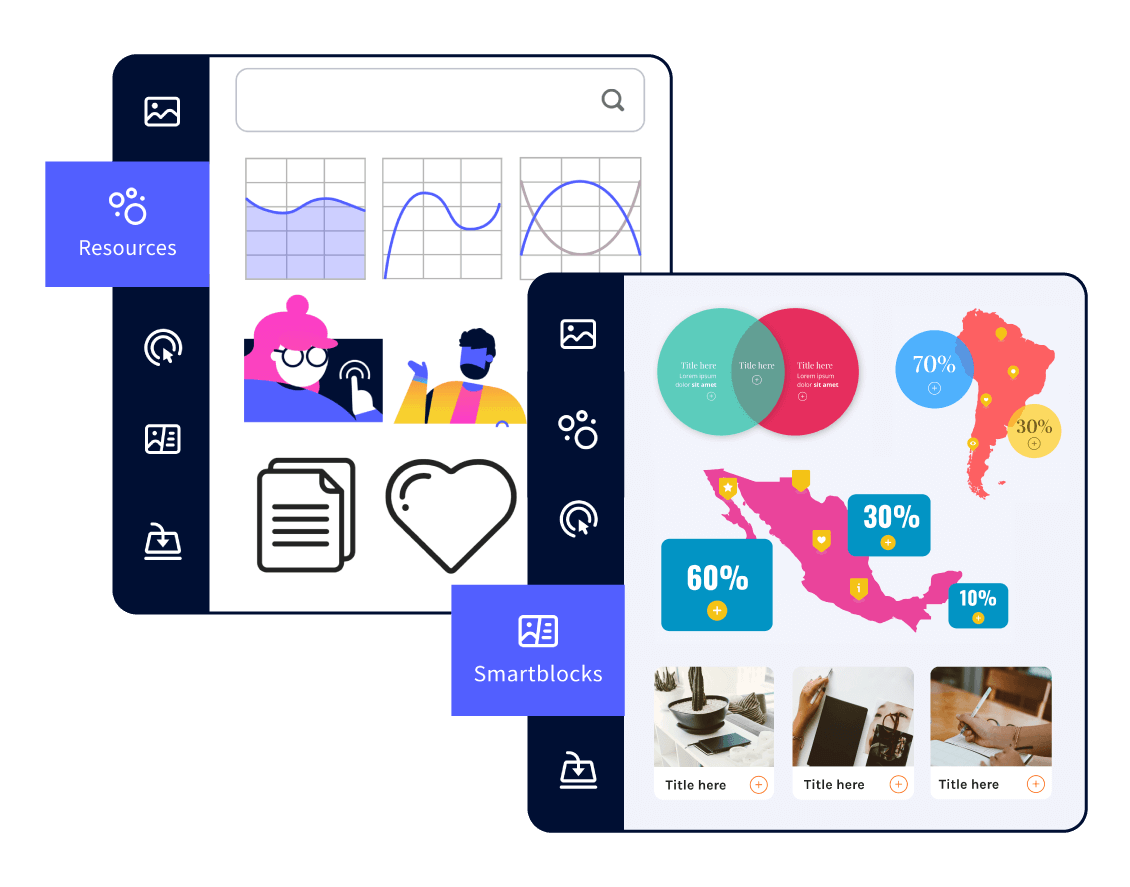 animate presentation ppt Image of the Genially tool showing free libraries of backgrounds, color palettes, vector graphics, images, charts, graphs, maps and smartblocks.