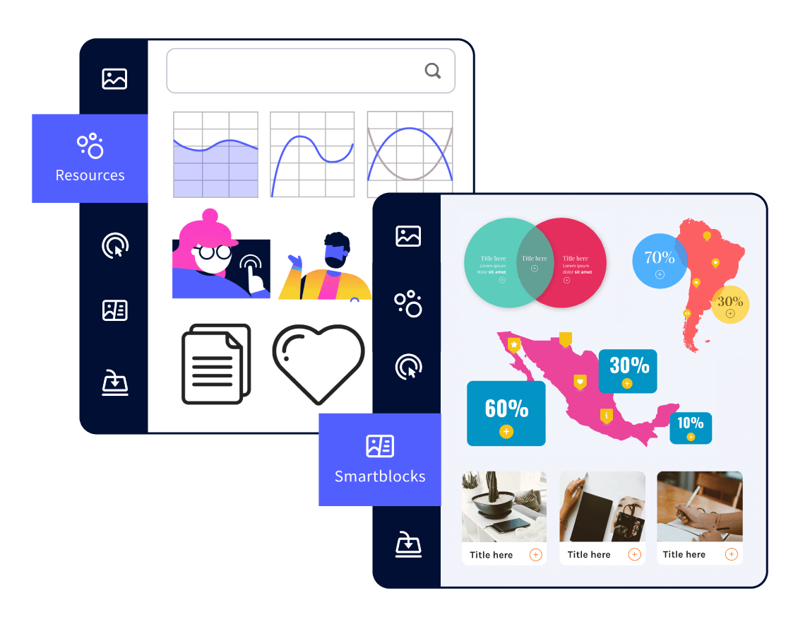 Image de l'outil Genially montrant des bibliothèques gratuites d'arrière-plans, de palettes de couleurs, de graphiques vectoriels, d'images, de diagrammes, de graphiques, de cartes et de smartblocks.