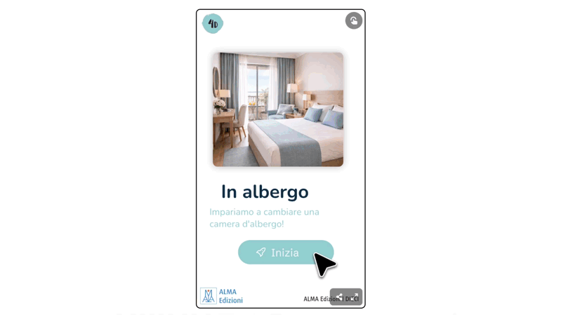 GIF que muestra grabación de pantalla de preguntas interactivas creadas con Genially, aplicadas al caso de uso de ALMA Edizioni 