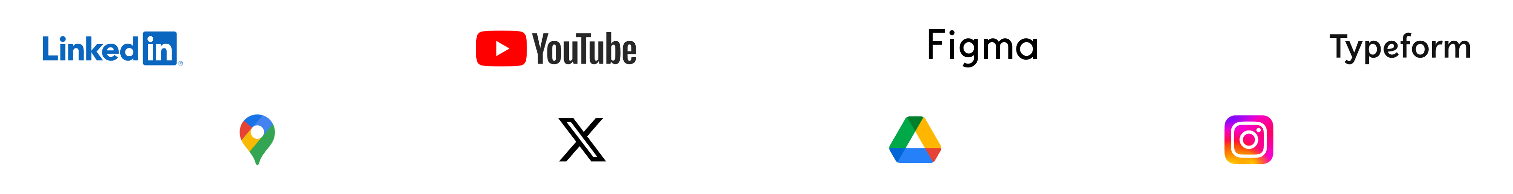 Image of platform integrations that you can embed and integrate into your Genially: LinkedIn, Typeform, Figma, Youtube, Google Maps, Google Drive, X and Instagram.