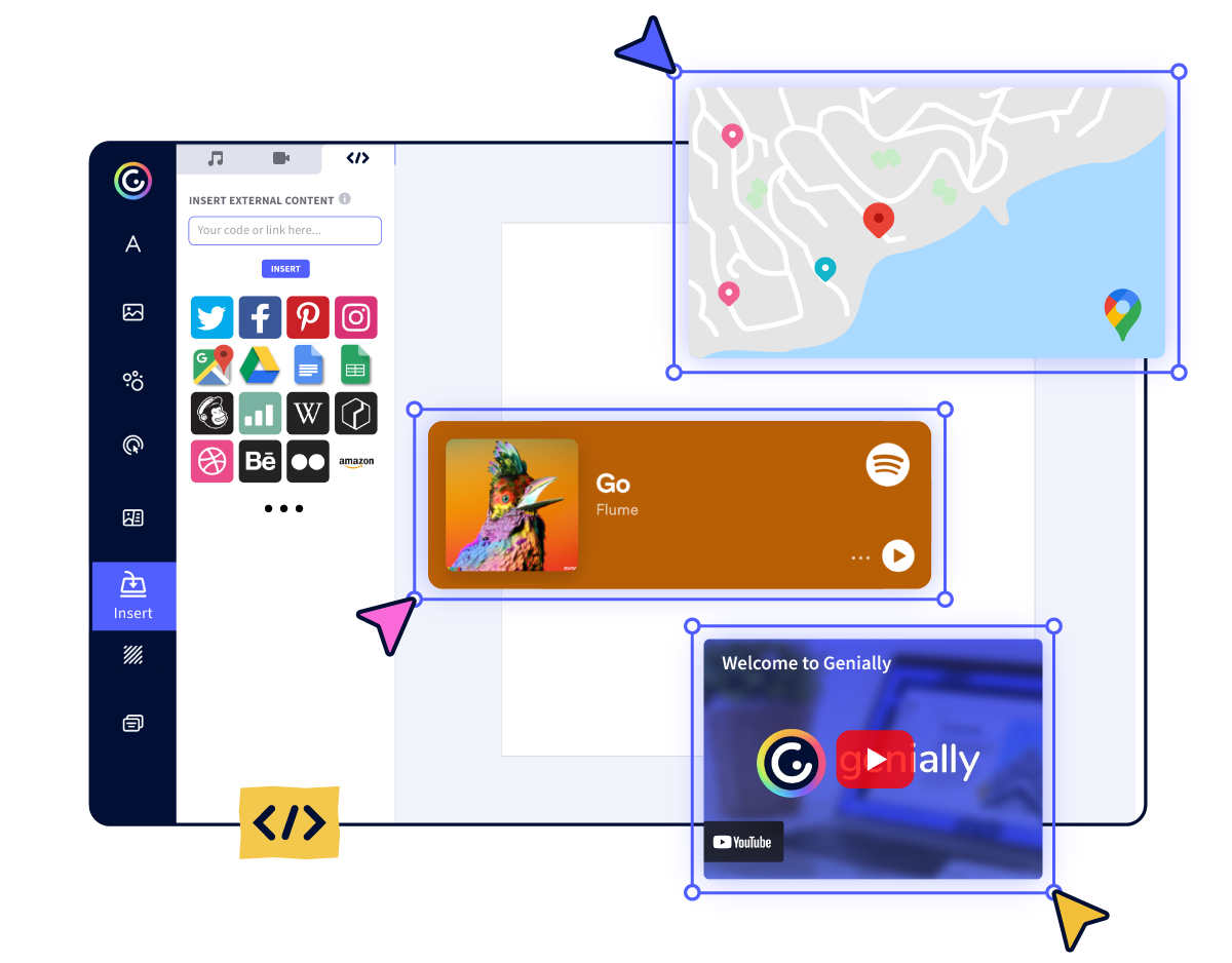 Immagine dello strumento Genially che mostra l'inserimento di elementi multimediali provenienti da Spotify, Google Maps e Youtube.