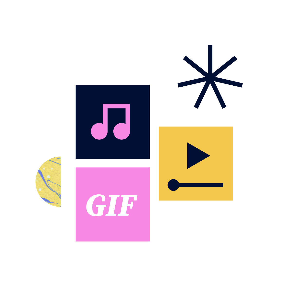 Music, GIF, video, and asterisk icons illustrate that Genially can integrate content in any format