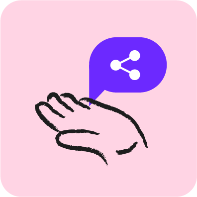 drawing of a hand and the sharing icon over pink background to represent share