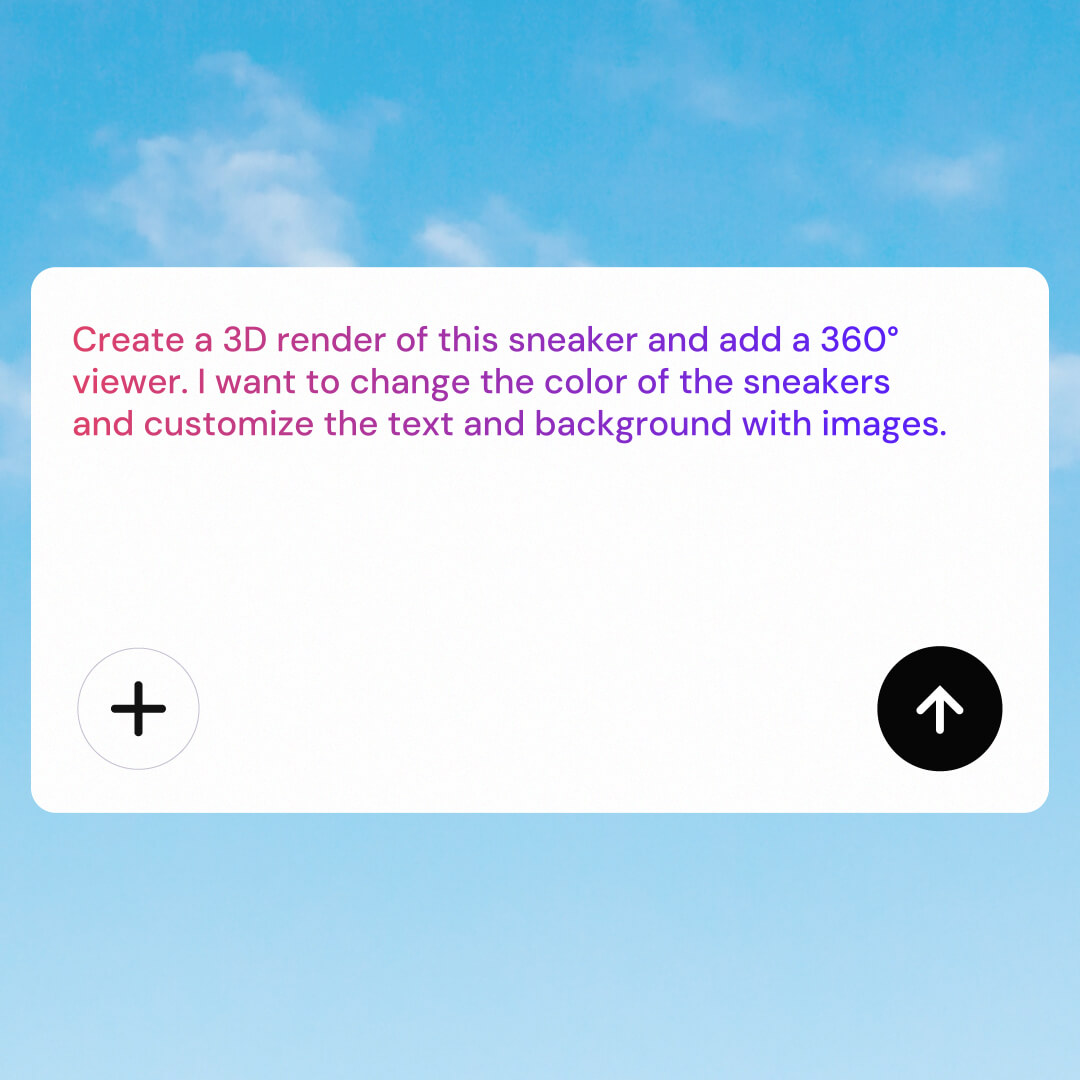 Prompt interface where a user asks an AI to create a 3D sneaker render with a 360-degree viewer and customizable colors, text, and background images.