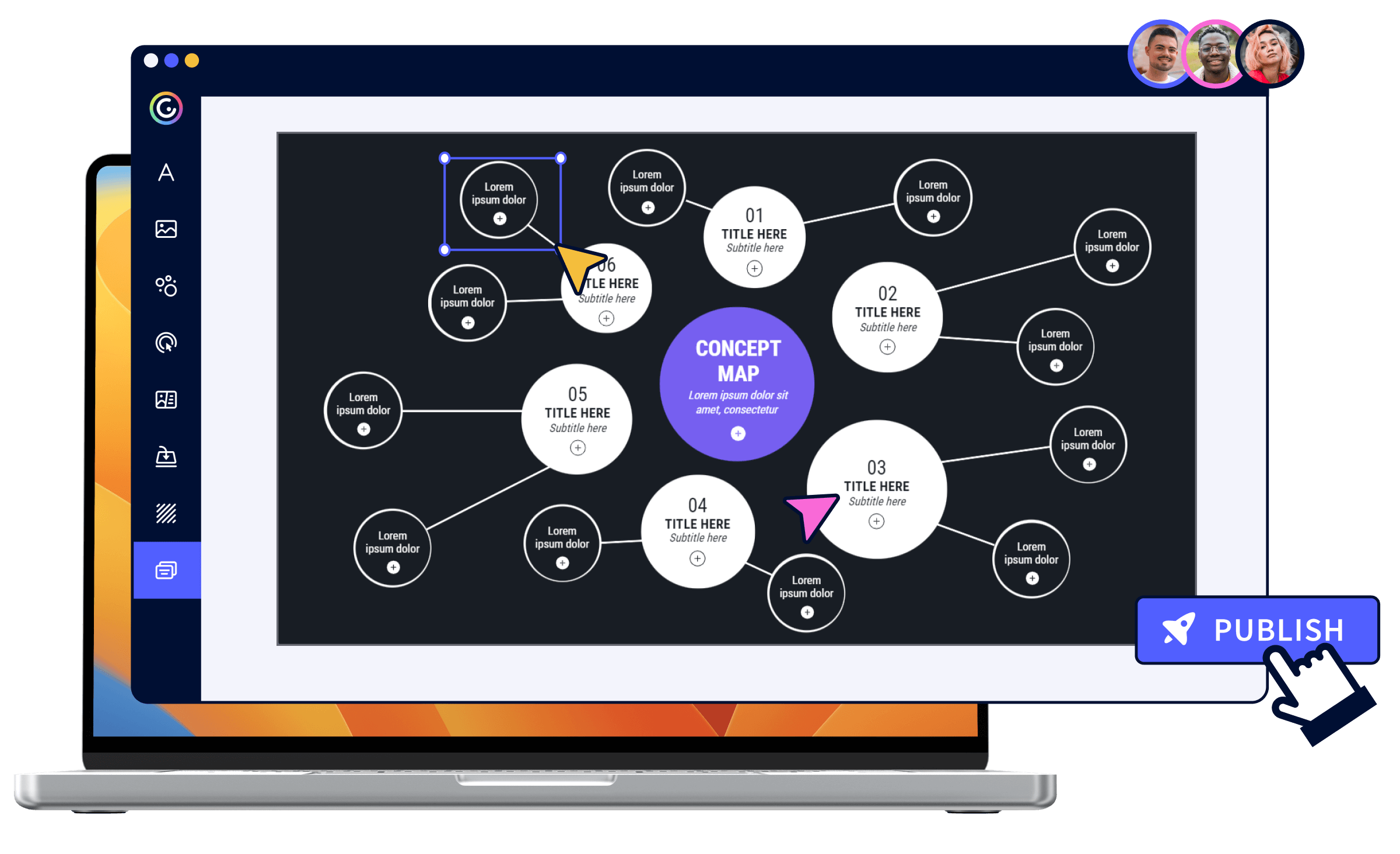 Computer mit einem Screenshot mit dem Genially-Editor, auf dem mehrere Personen eine Mindmap mit dunklem Hintergrund bearbeiten