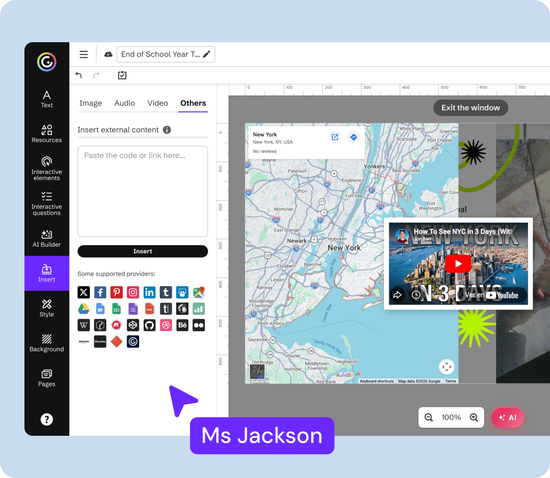 Imagen de la herramienta Genially mostrando la inserción de elementos multimedia de Spotify, Google Maps y Youtube.