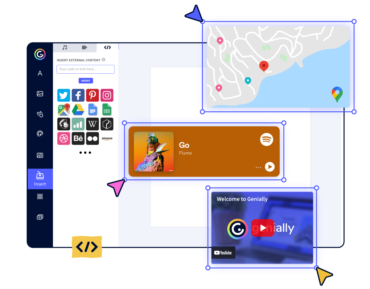 Genially tool showing multimedia embeds from spotify google maps and youtube