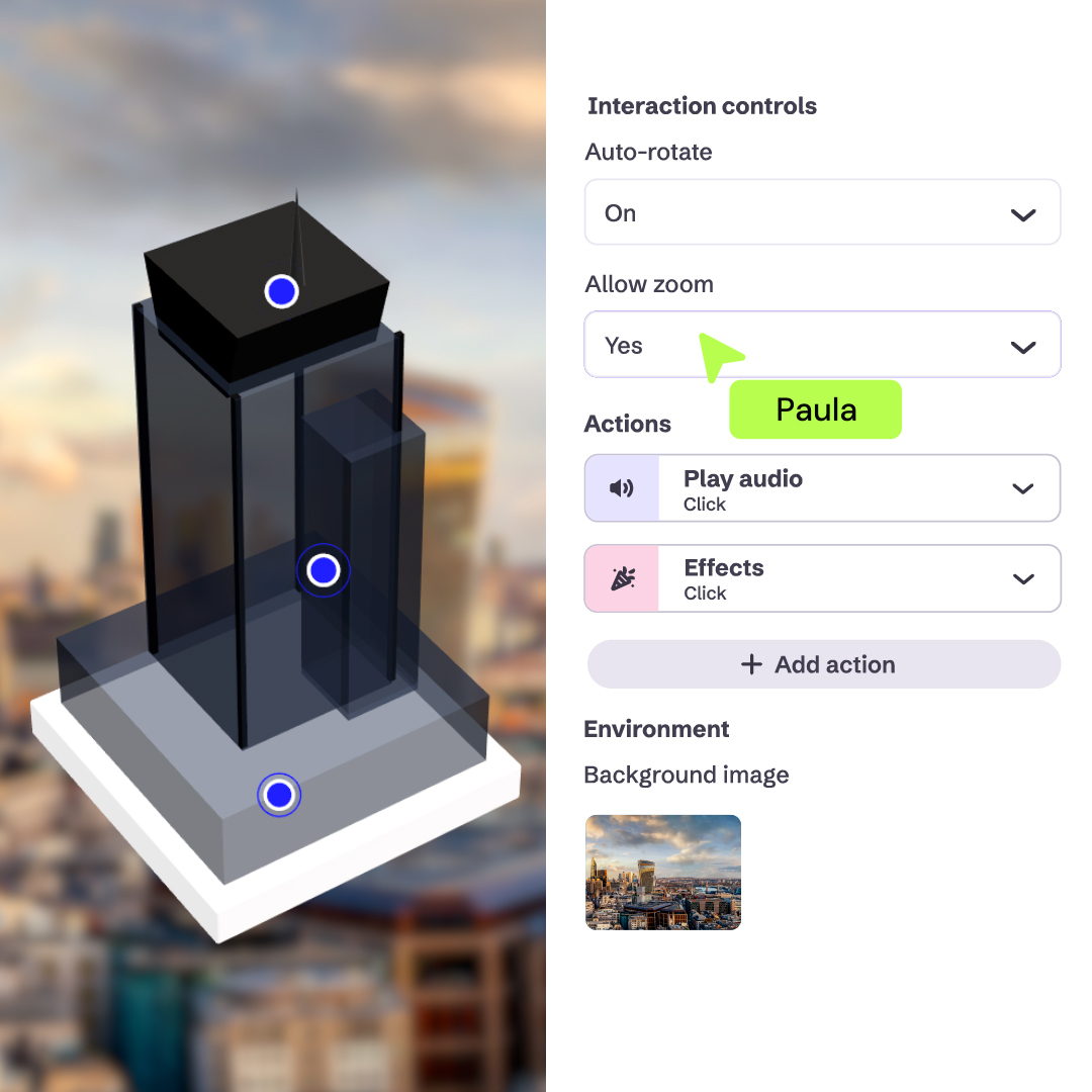 Interface for editing a 3D interactive model with controls for auto-rotate, zoom, audio actions, effects, and background image settings.