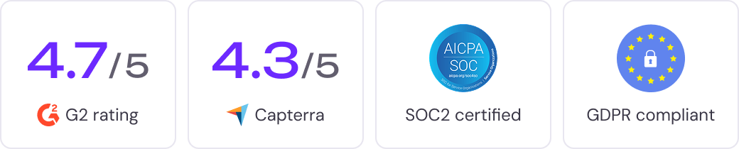 Bewertungen und Zertifizierungen von Genially: 4,7/5 bei G2, 4,3/5 bei Capterra, SOC2-zertifiziert und DSGVO-konform