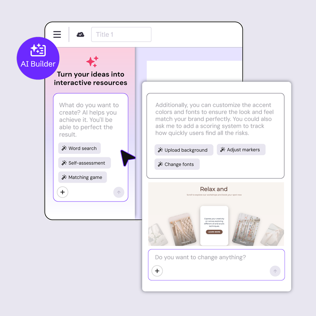 Interface of an AI builder that helps users turn ideas into interactive resources, showing options like word search, self-assessment, and matching game.