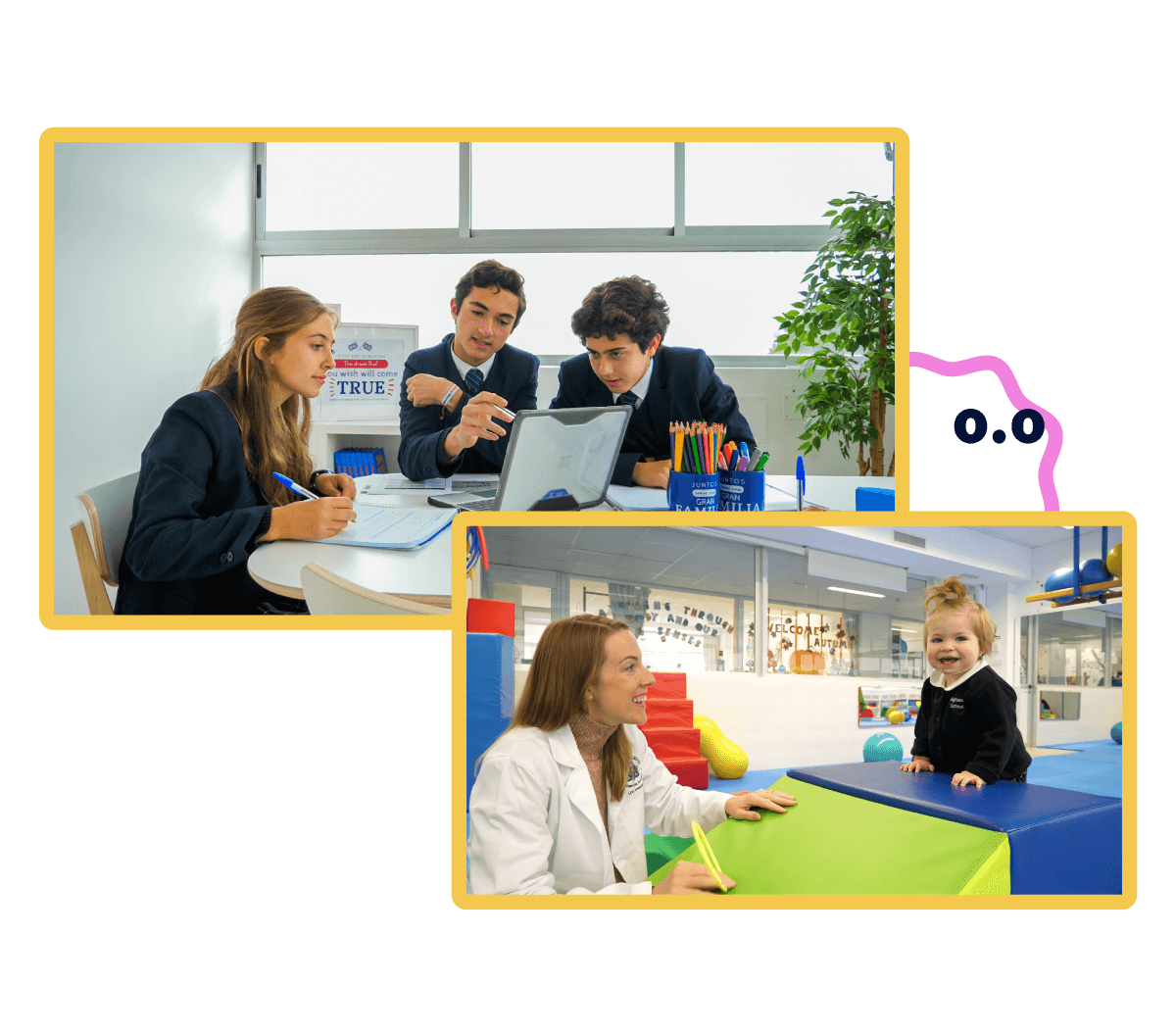 Composition featuring two images showing teachers and students.