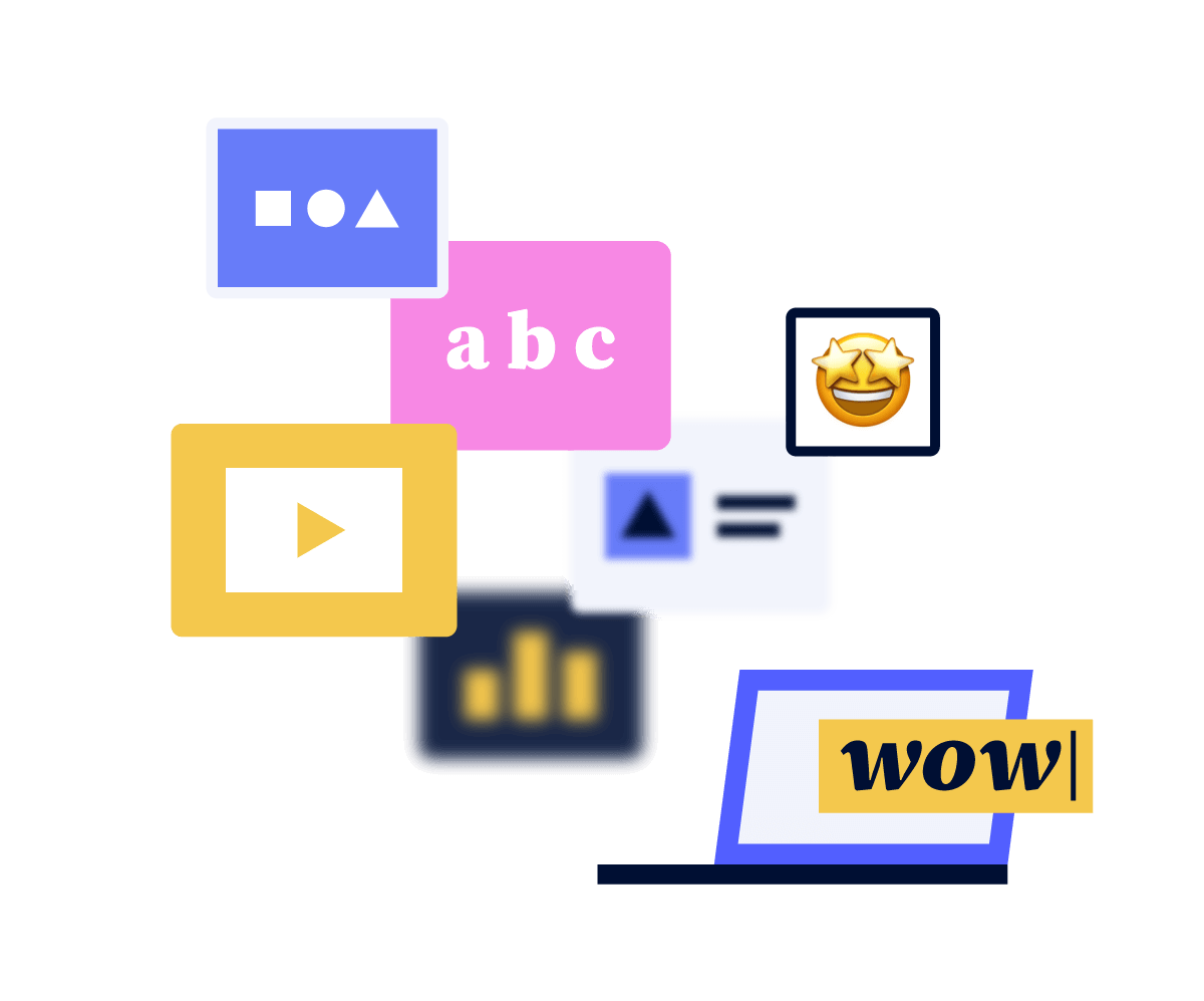 Composition featuring illustrations of screens with icons and a star-eyed emoji.