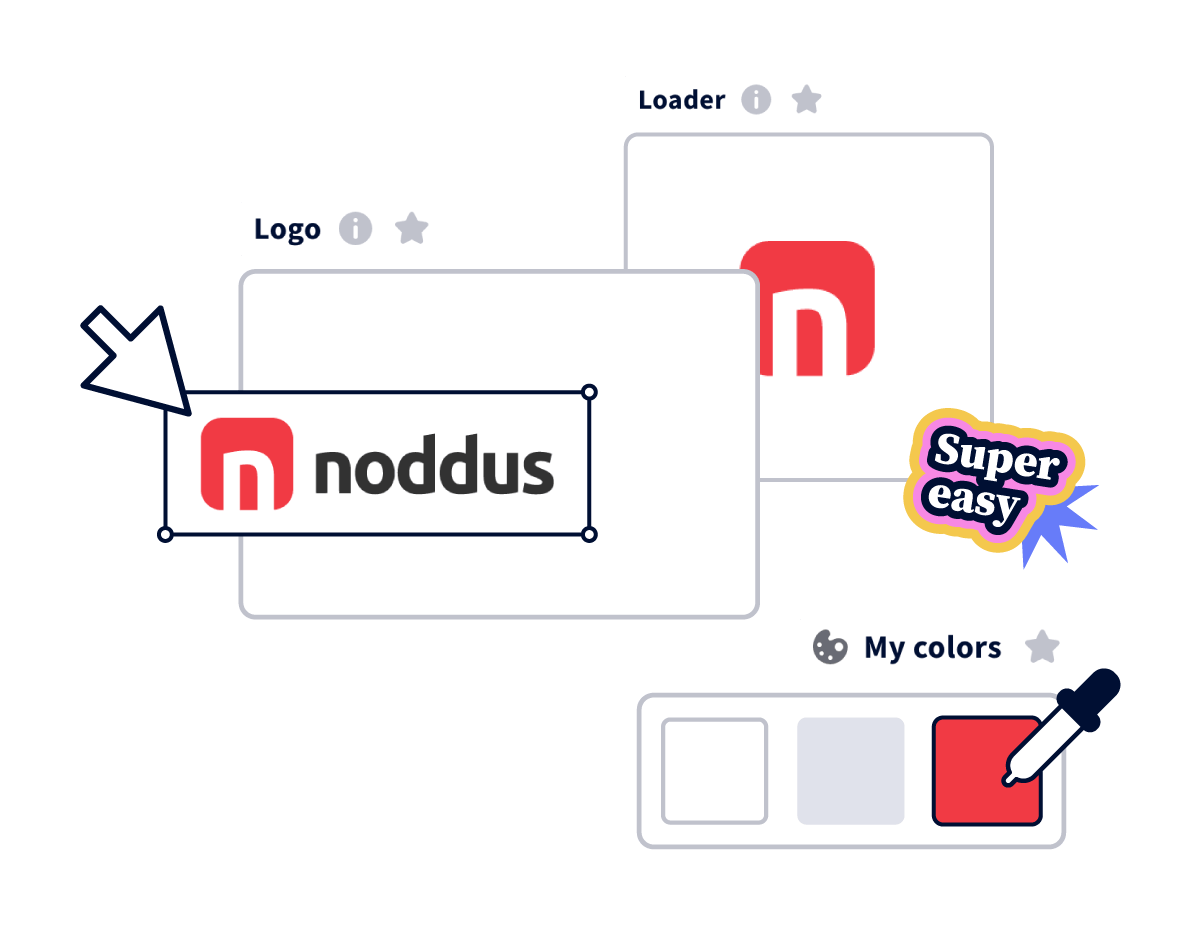 Composition featuring white windows displaying the Noddus logo, its brand colors, and the "Super easy" sticker.