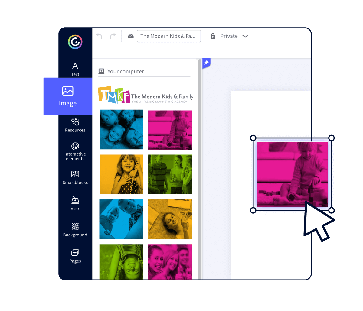 Composition featuring panels showing images of people with different colored backgrounds.