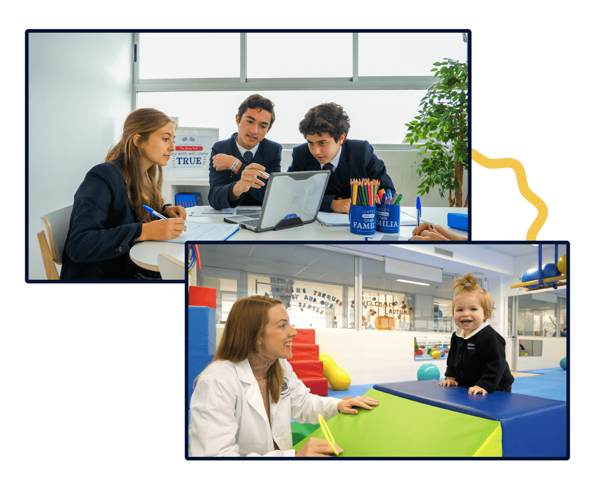 Teenagers studying with a computer and a teacher supporting a student
