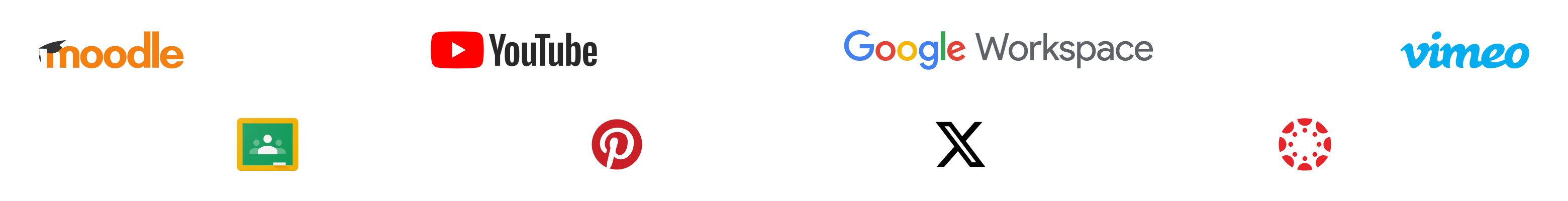 Platform integrations you can embed in Genially: Moodle, YouTube, Google Workspace, Vimeo, Google Classroom, Pinterest, X and Canvas