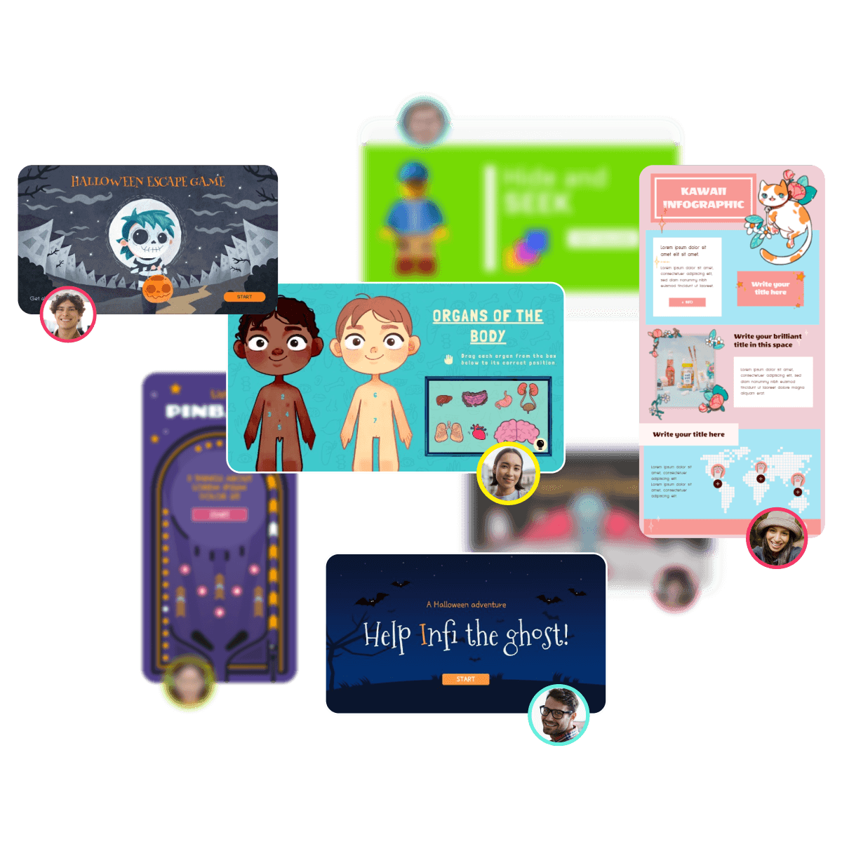 Collage of presentation pages from the Illustration section, examples of community creations