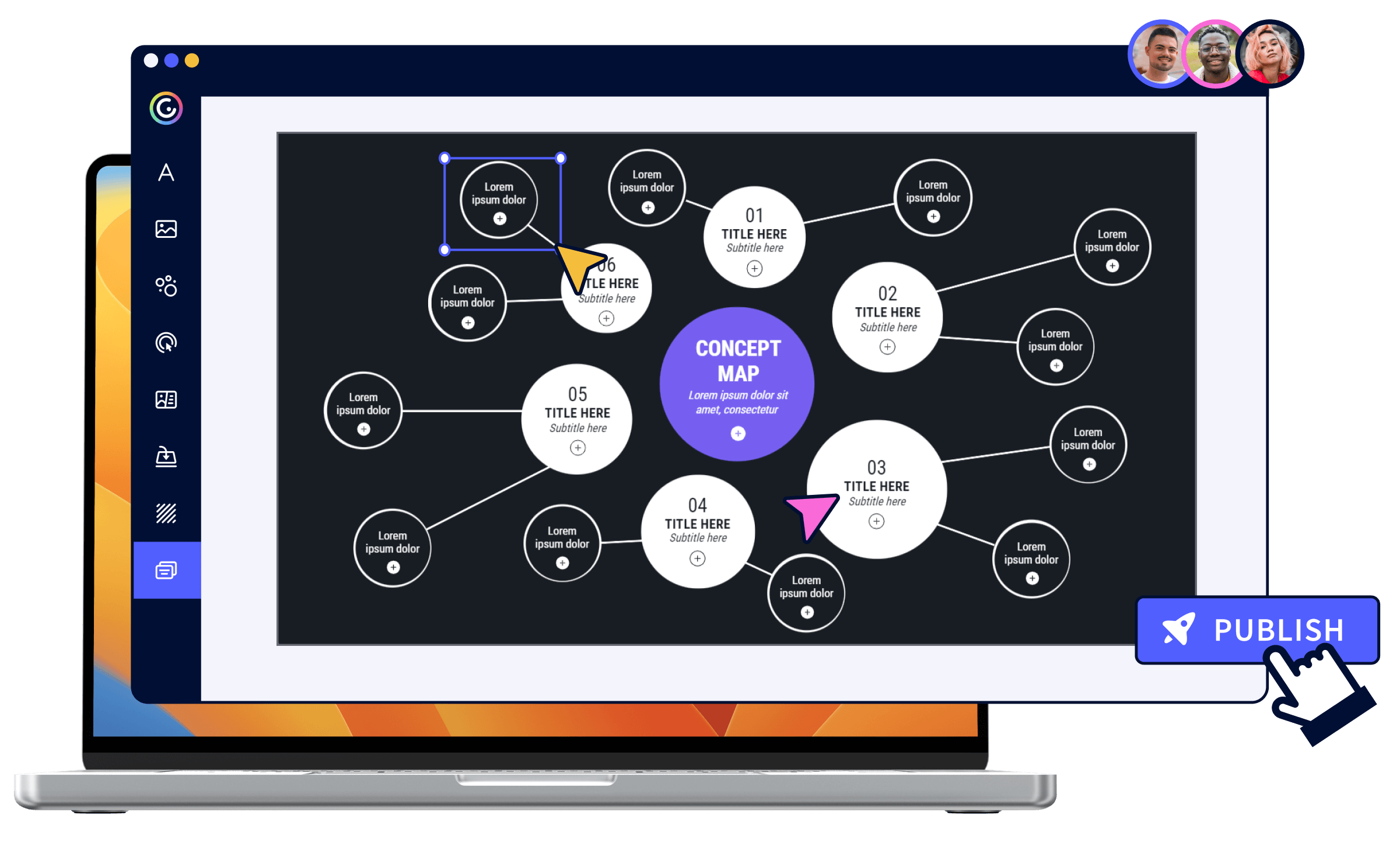 Computer showing the Genially editor with several people editing a mind map on a dark background