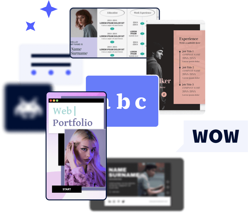 Collage of interactive resume templates created with Genially, next to the word WoW