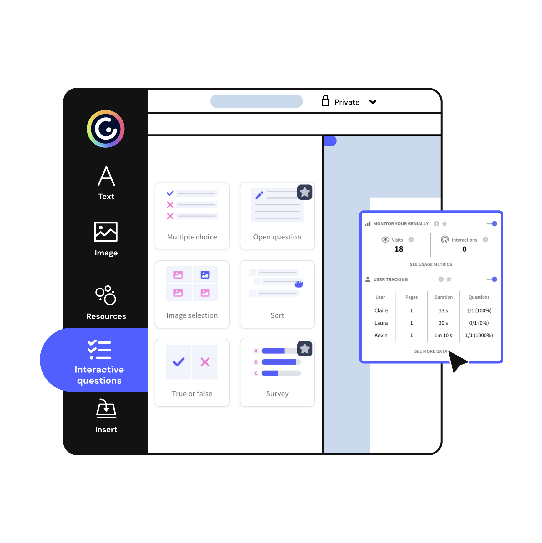 Interactive questions and engagement analytics in the Genially editor