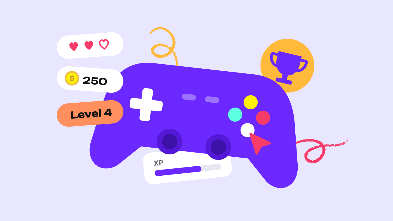 Controle de videogame roxo cercado por elementos de gamificação: vidas, moedas, nível, barra de experiência e um troféu