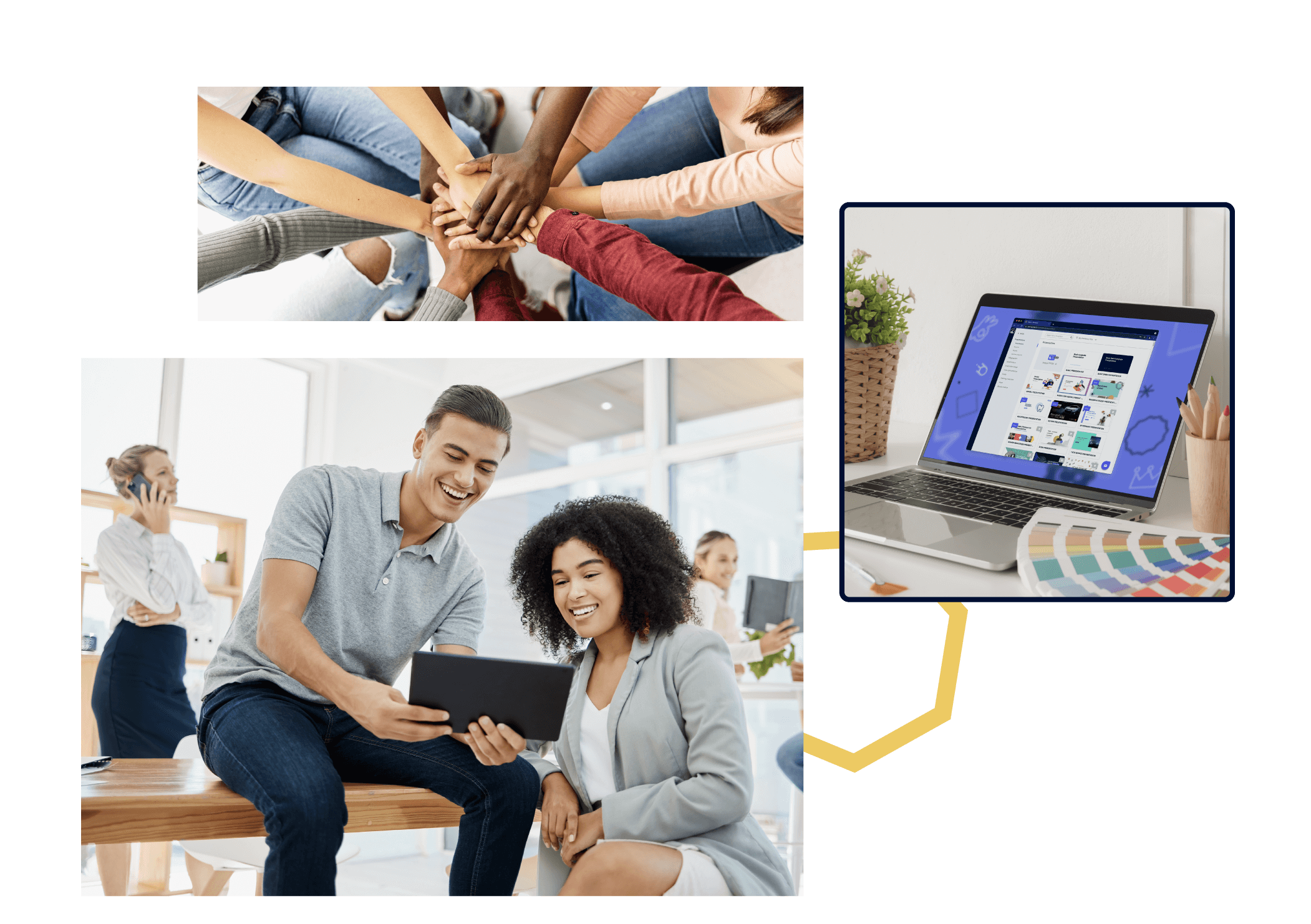 Composition featuring three images: hands joined together to represent teamwork, a laptop on a desk, and two people working together at a computer.